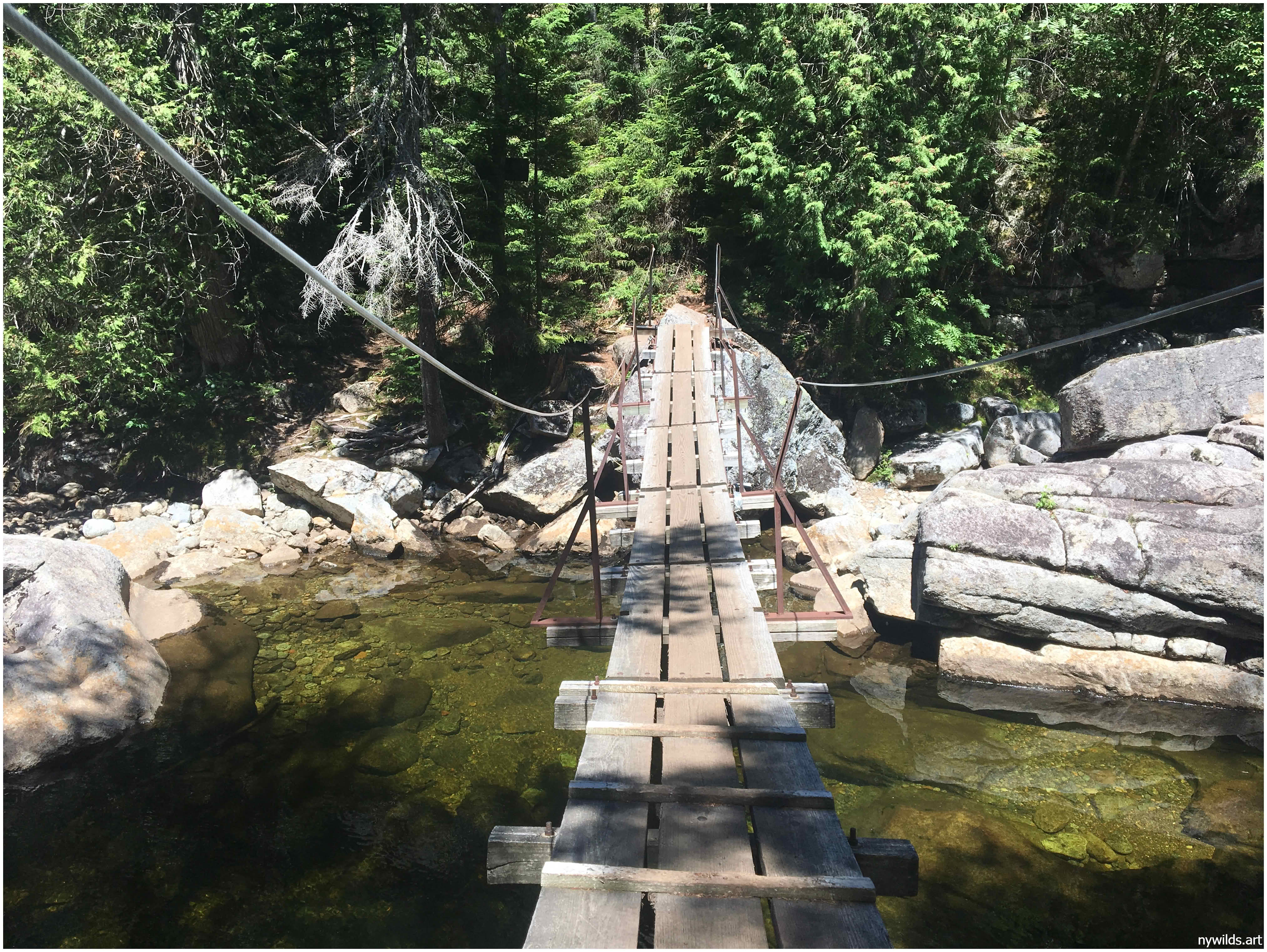 Suspension bridge near camp over the Opalescent River.